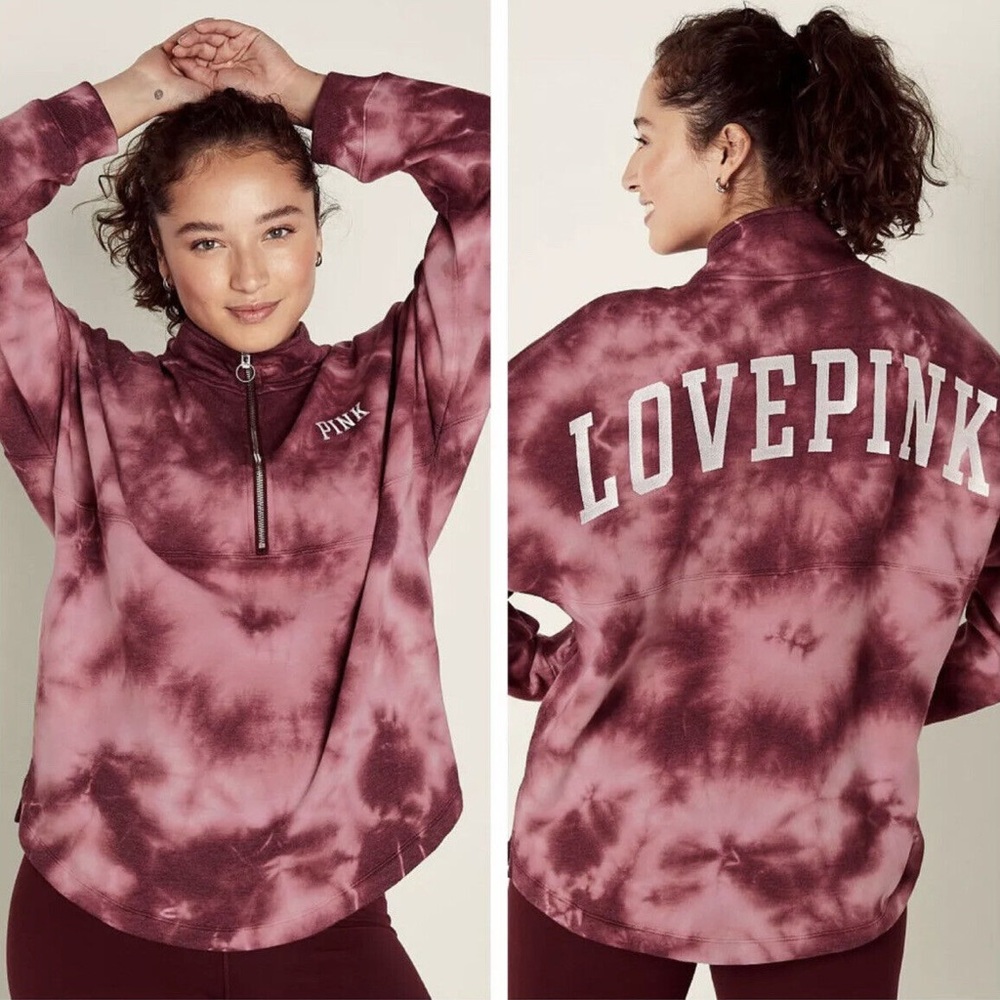 Victoria Secret Pink TieDye Graphic Varsity 1/2 Zip Pullover Sweater Size M |D67